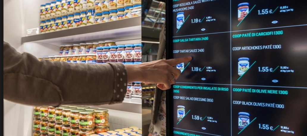 Digital information including provenance, nutritional value and preparation advice is layered into digital screens in Carlo Ratti x Coop Italia's Supermarket of the Future.