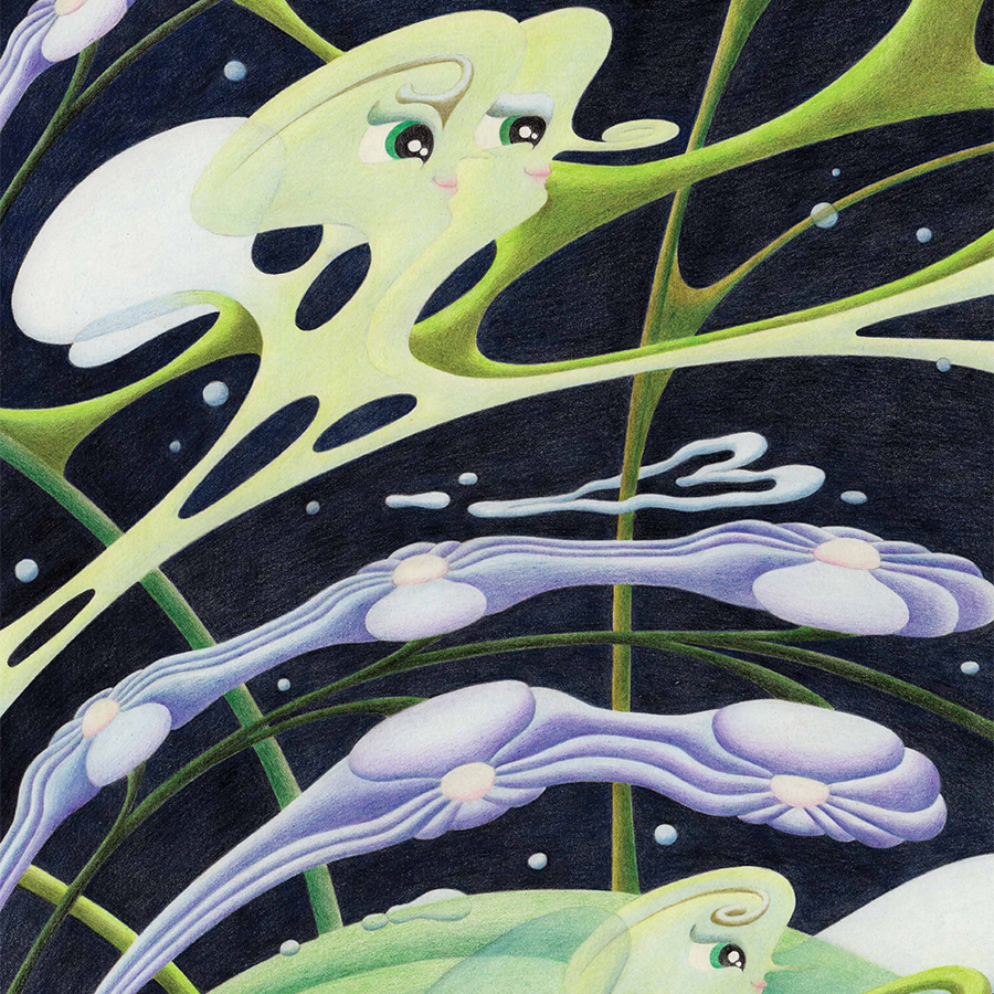 Abstract artwork of sentient floating green foliage. Colour pencil with green, blue and lilac subjects on a dark sky background.