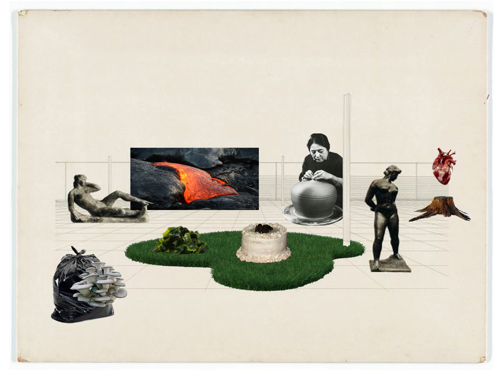 Various objects and imagery (including stone sculptures of female nudes, a plastic bag with mushrooms growing from it, a cake and pile of seaweed set on top of a patch of grass, and a picture of molten lava flowing in a black landscape) collaged onto a sparse perspectival line drawing on an off-white background.