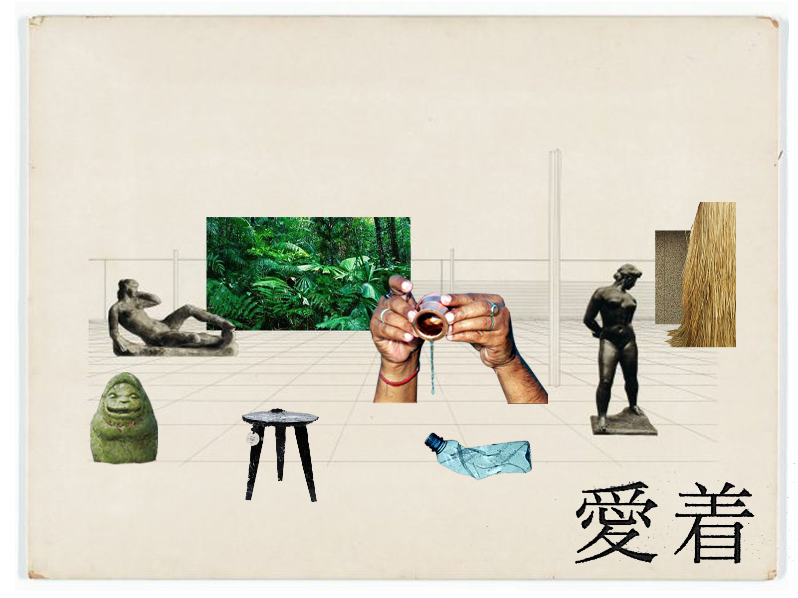 Various objects and imagery (including stone sculptures of female nudes, a crushed plastic water bottle, a three-legged chair made of harvested ocean plastics, disembodied hands pouring a tiny jug of water, and an image of a lush forest landscape) collaged onto a sparse perspectival line drawing on an off-white background.