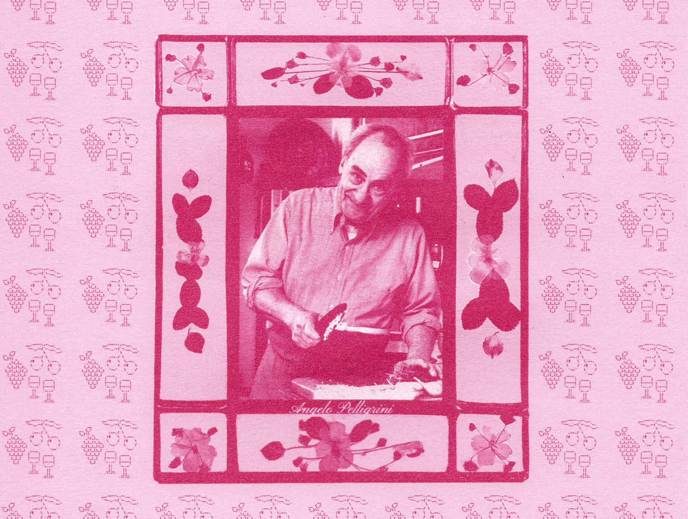 A pink duo-tone image of a man holding a knife above a cutting board. His photo is framed by collaged pressed and dried flowers. The frame is set on a pink background with outlines of grapes and cherries.