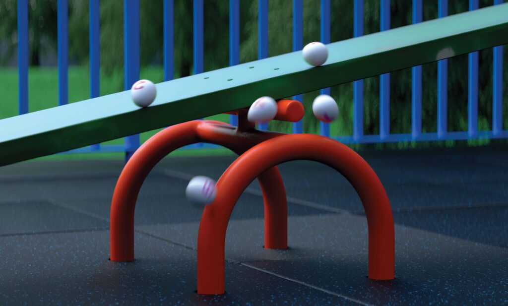 Render of a seasaw in a park with a tubular bottom and white ping pong balls bouncing around it.