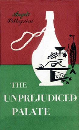 A green and white book cover with black and white silhouettes of a wine carafe, cheese, fish, grapes and chicken.