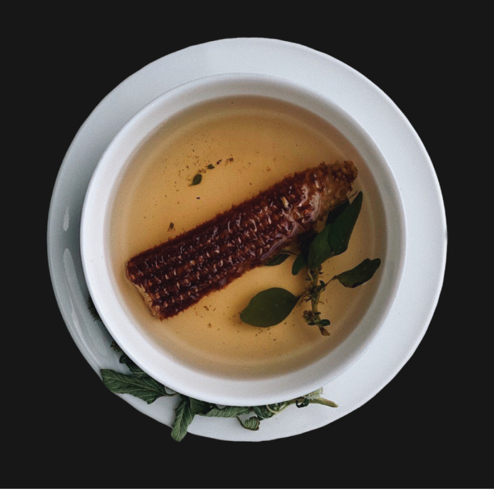 A bowl of soup sits on a saucer, inside the clear broth sits a dried corn cob and herbs.