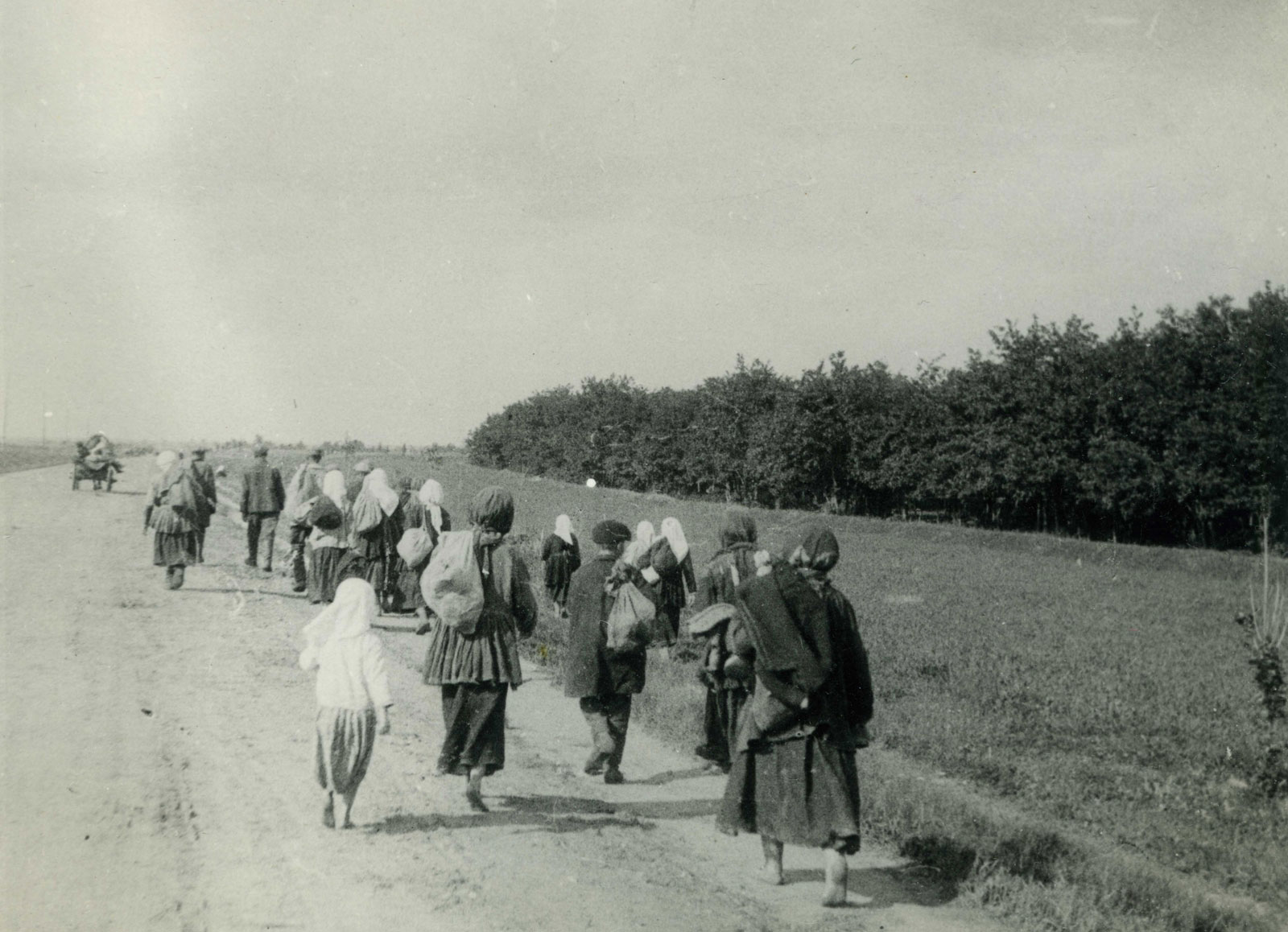 A black and white photograph of a dozen people walking on a dirt road along a field with trees.