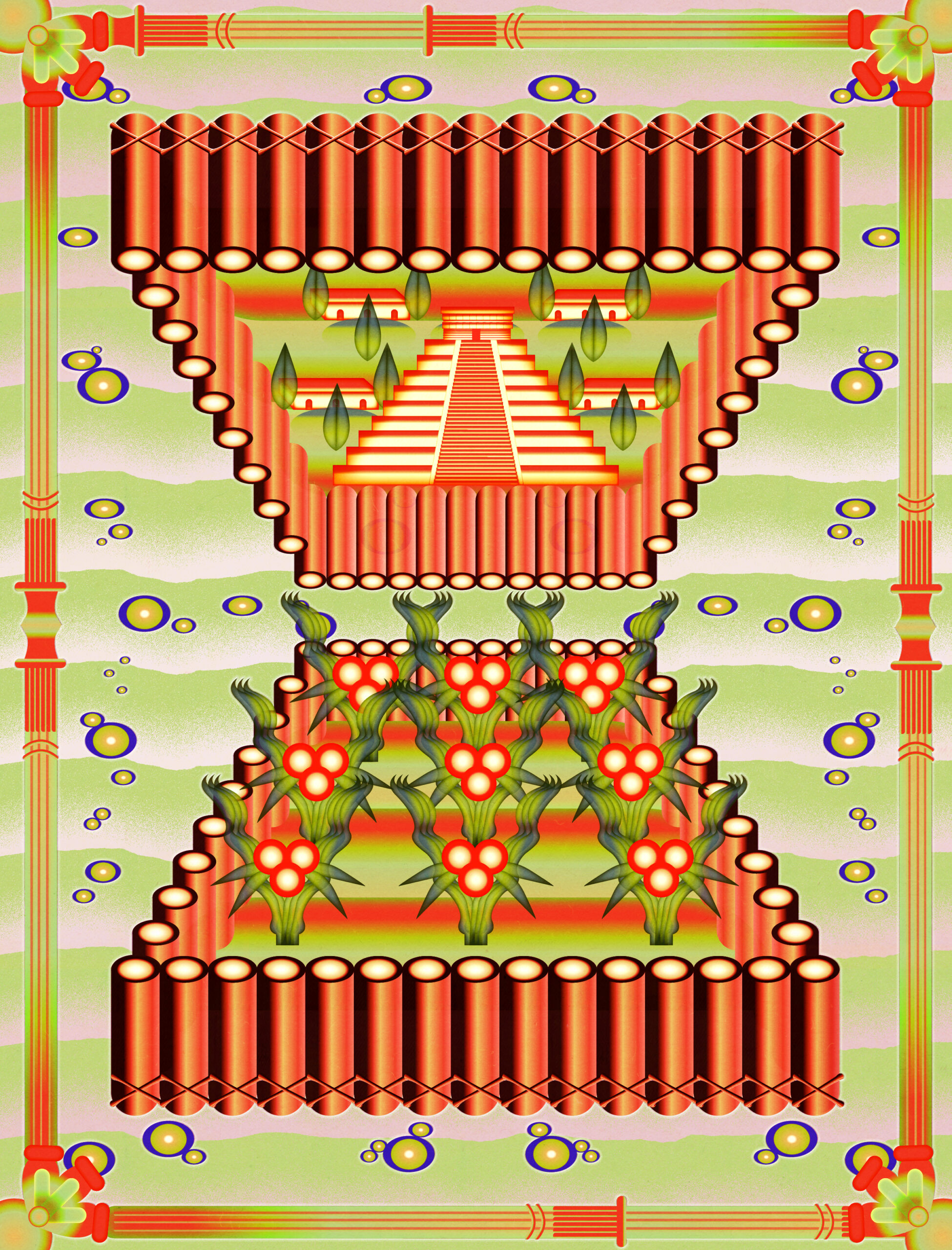 An illustration of an aztec garden structure, with an aztec pyramid at the top and a field of corn at the bottom.