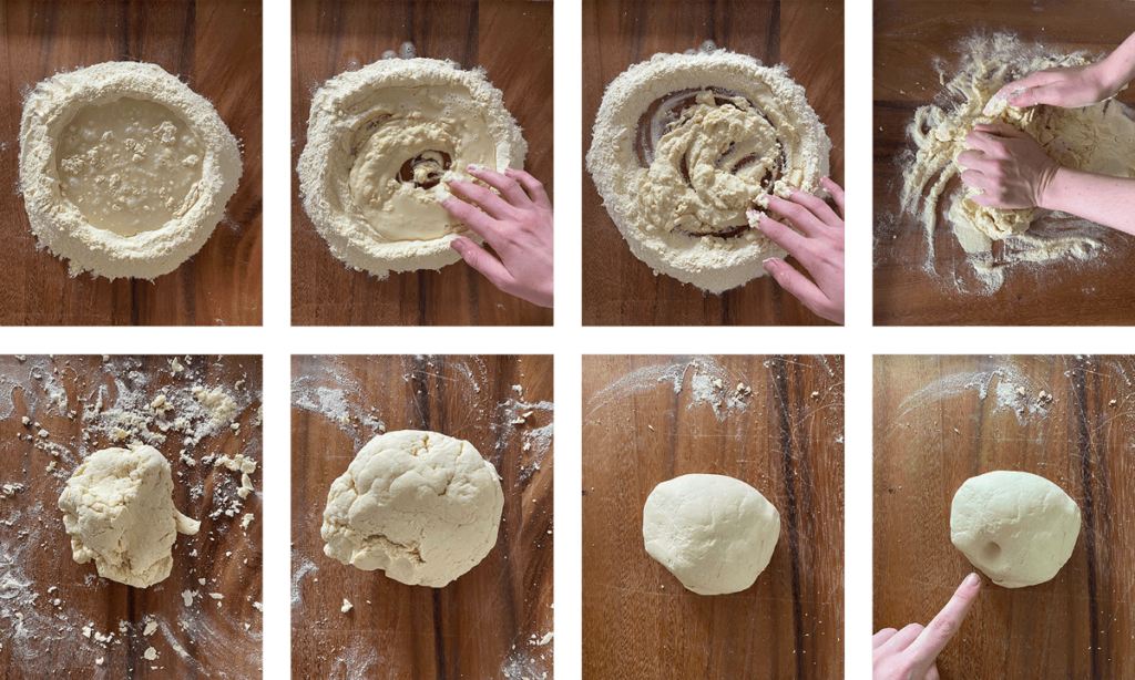 A grid of eight images showing the progression of the creation of dough, starting from a well of flour with water and salt into a cohesive sticky ball that one can poke a finger in and leave a sizable dent in.