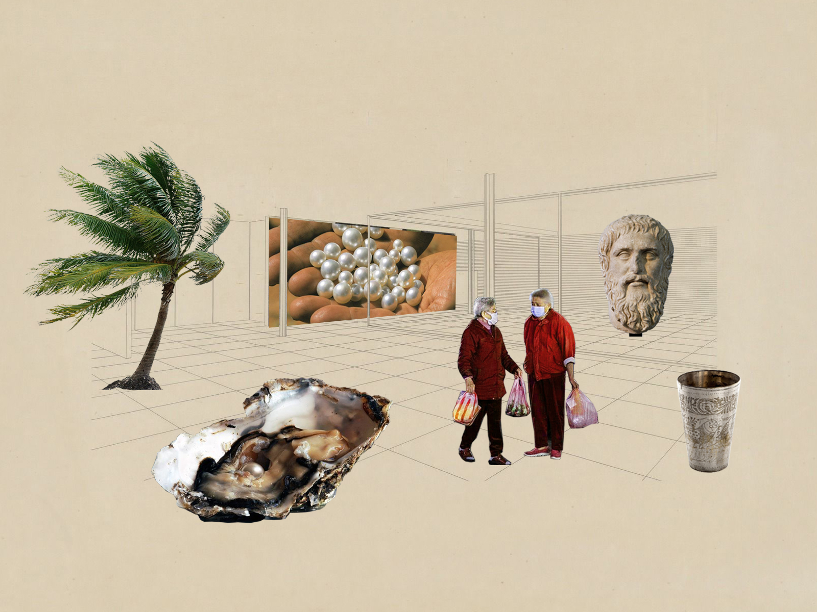 A photo collage on a beige background that includes an elderly couple holding trash bags, the stone face of an ancient roman statue, a palm tree blowing in the wind, and an oyster with a pearl in it.