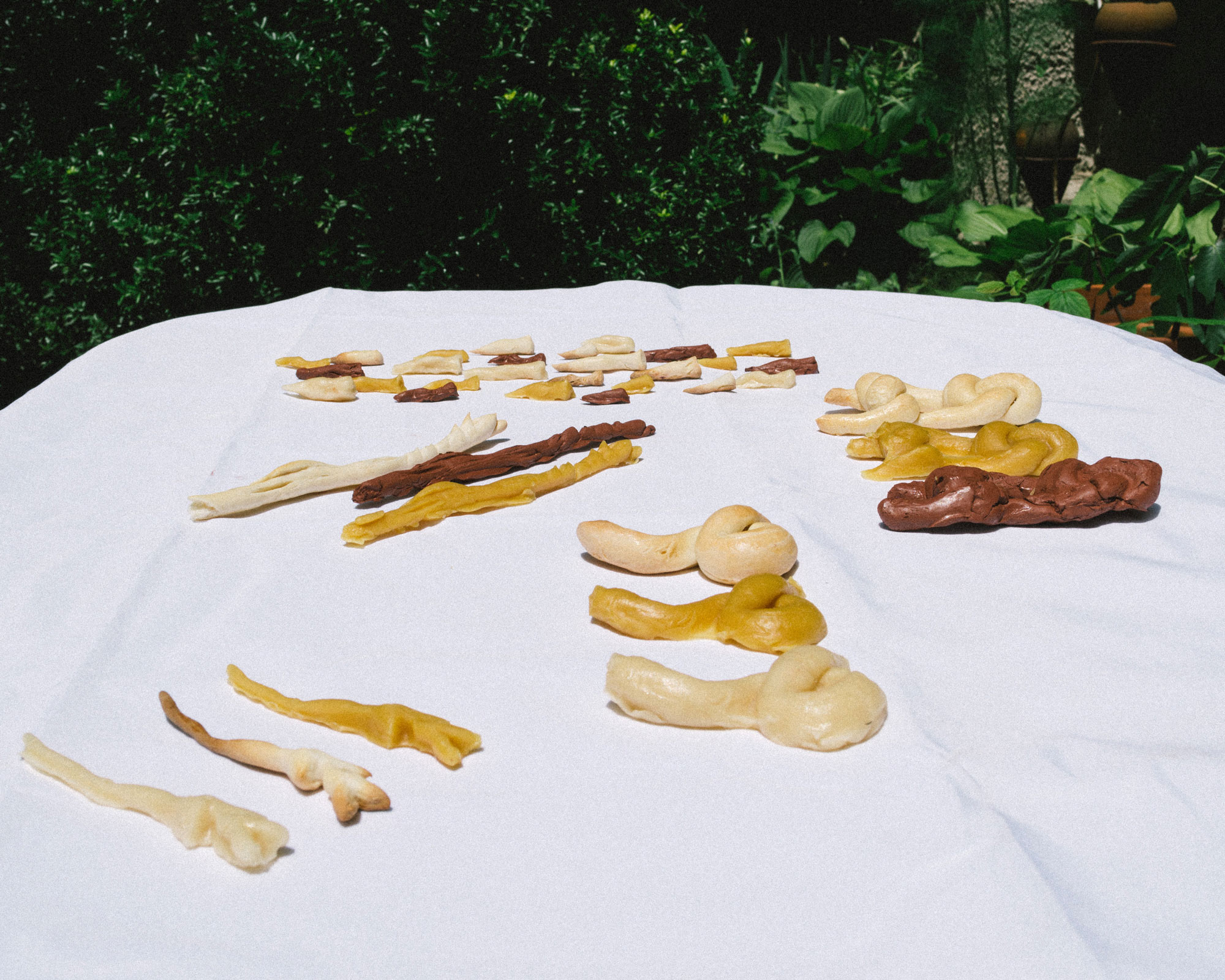 On a white table cloth there are five sets of bread sculptures. In each set there are three of the same shape. Of the five shapes there is a wand-like shape, a twisted snack, a stick, small disfigured cones, and knots. The table cloth is set ouside against the hint of a verdant forest background.