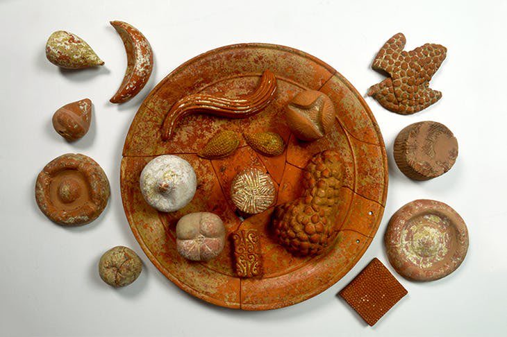 A circular terracotta plate surrounded by other food and animal objects made of terracotta like bread, fruits, and a bird. These are votive foods fro 360 BC
