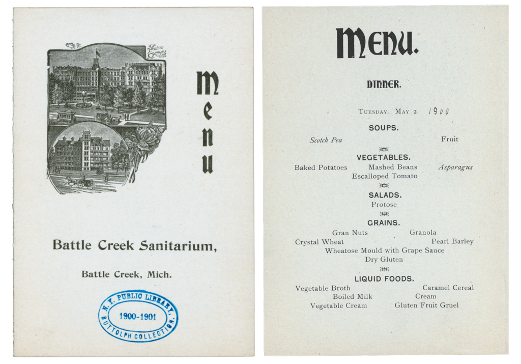 Two pages of a menu, one with a drawing of the sanitarium is the cover, inside a list of sinless foods.