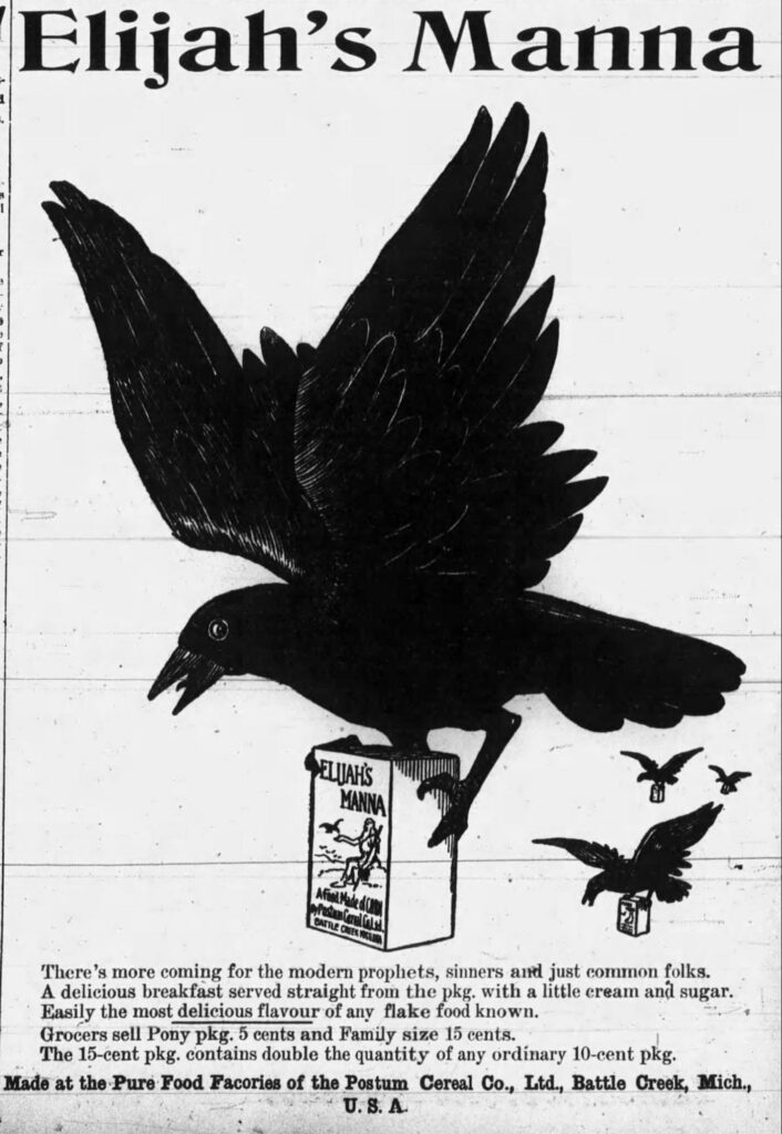A flyer titled Elijah's manna, depicting a crow holding boxes of cereal.