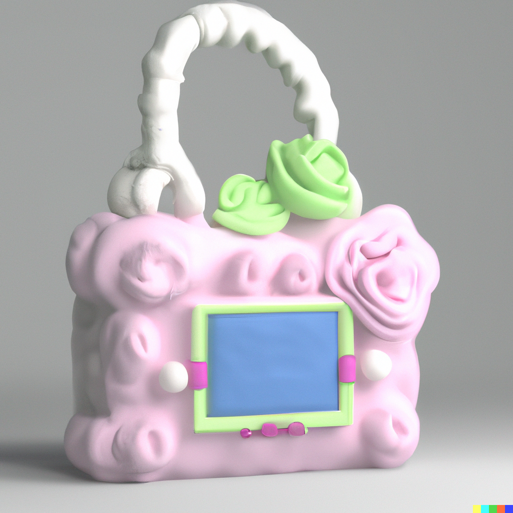 A 3D-modeled cake made to look like a purse. The handle is upright and a swirled white, there are two green roses at the top, the body of the purse is made with a pale pink with roses emerging from the bag. There is a blue tag with green frame on the front.