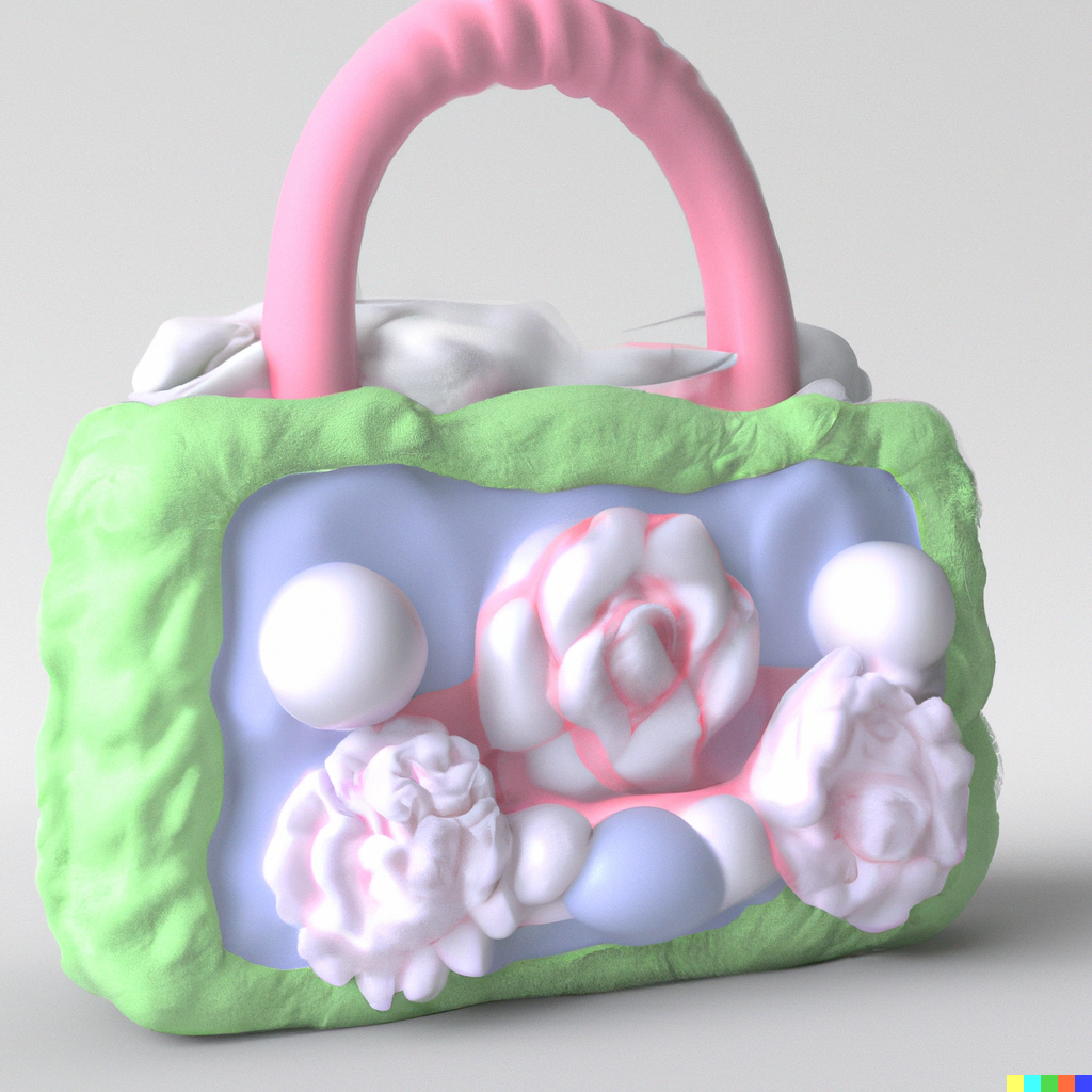 A 3D Modeled Purse made to look like a cake, the handle of the bag is hot pink, the body of the bag is a frosted lime green with a pale purple body, and white and pink roses.
