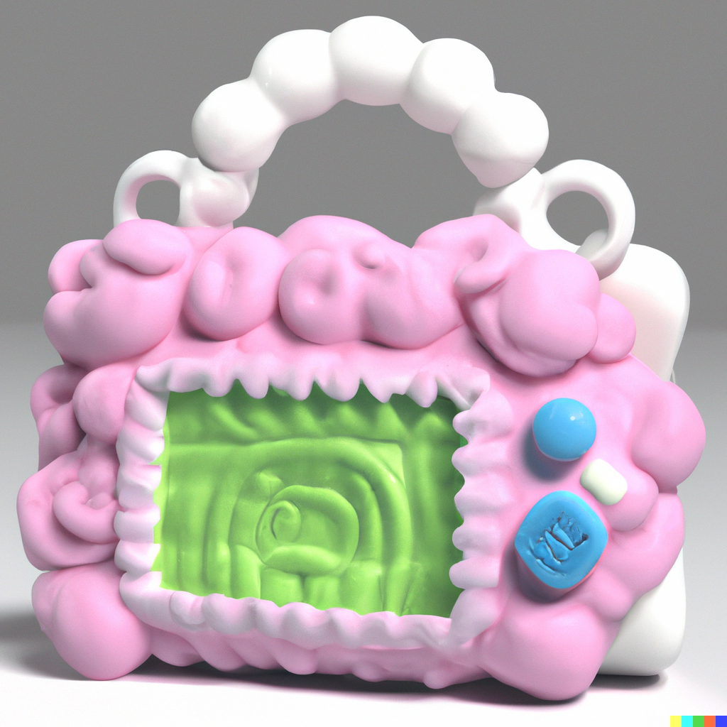 A 3D Modeled Purse made to look like a cake. The handle is made of white baubles, smooth and rounded in that fake 3D aesthetic. The body is pink with a green frosted square in the mdidle.