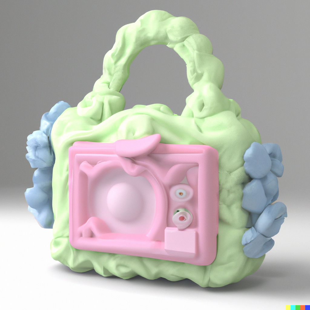 A 3-D modeled purse made to look like a cake. The handle and the body of the purse is green, swirled to look like frosting. The front bag tag looks like a pink plastic record player form above. The purse is decorated with blue frosting flowers on the side.