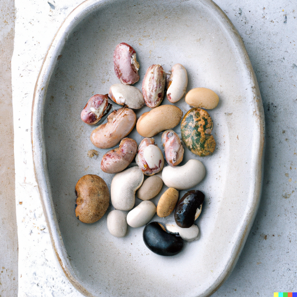 A white ceramic plate holding a selection of dried beans