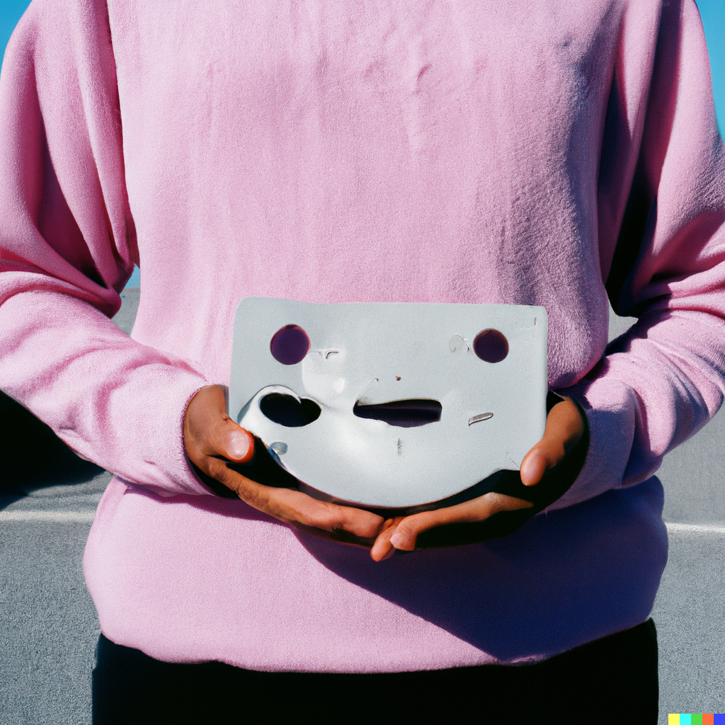 A close up of a person's torso, they are wearing a fuschia colored sweater. In their hands they are holding a silicon sculpture that is pale blue