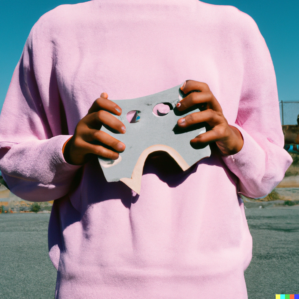 A close up of a person's torso, they are wearing a pale pink sweater. In their hands they clutch a silicone sculpture that is periwinkle.