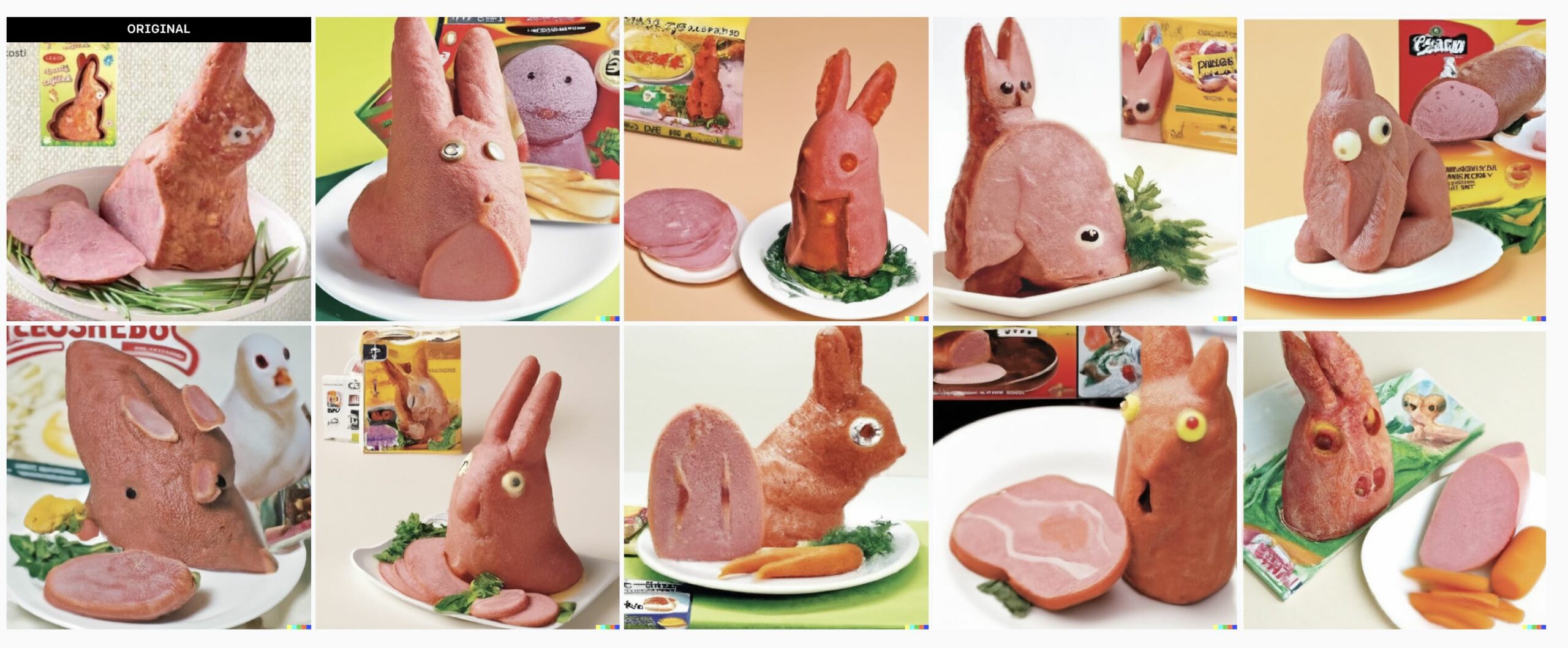 10 Images showing variations of a bunny made out of spam