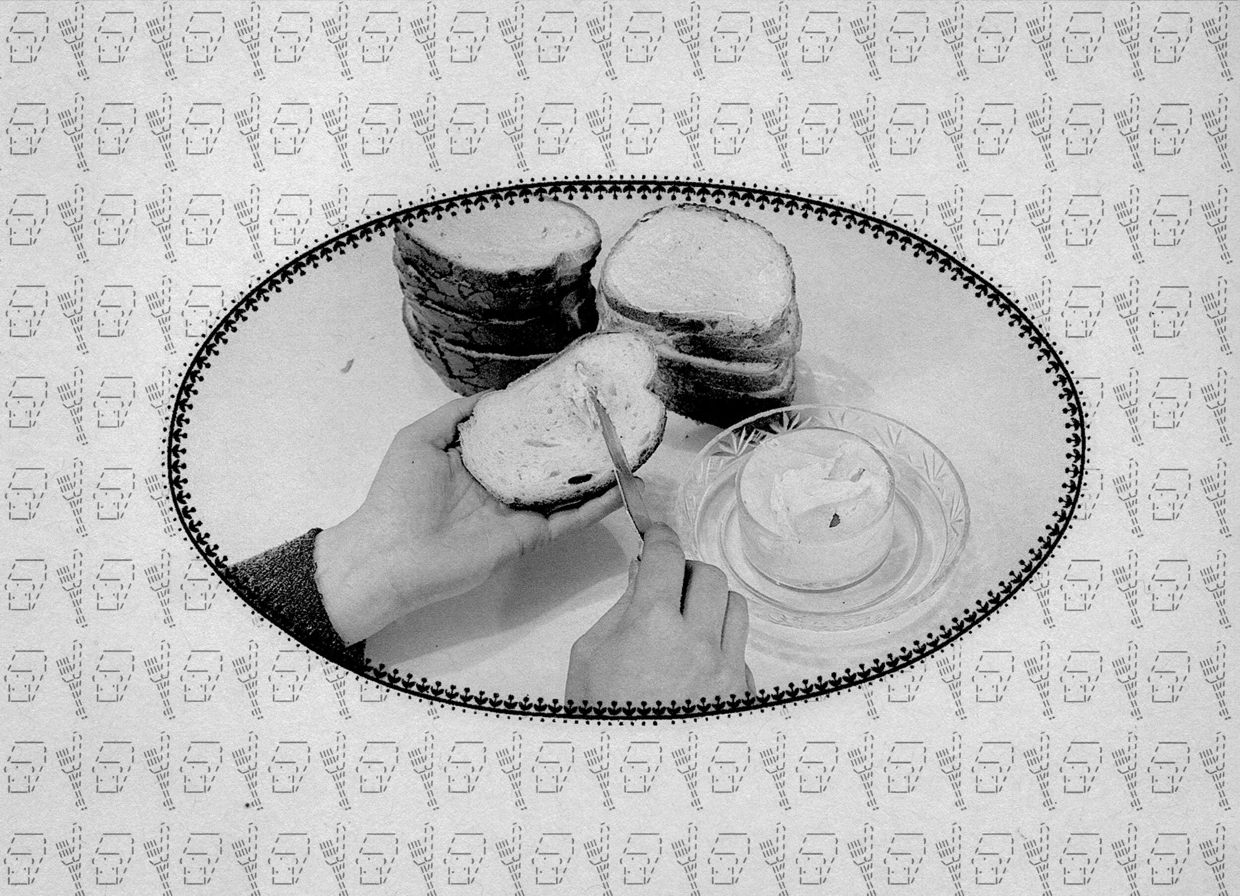 A black and white photo of someone spreading butter in front of two stacks of bread. The photograph is oval and has scalloped edge, it is superimposed atop a background of ASCII art toast and bread knives.