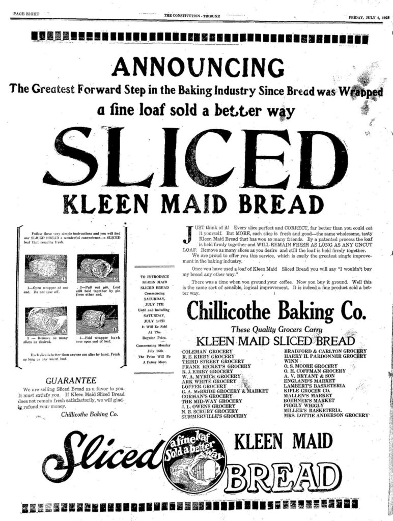 An advertisement announcing Sliced Kleen Maid Bread. Sliced is extra large, a four image grid displays the process of slicing. 