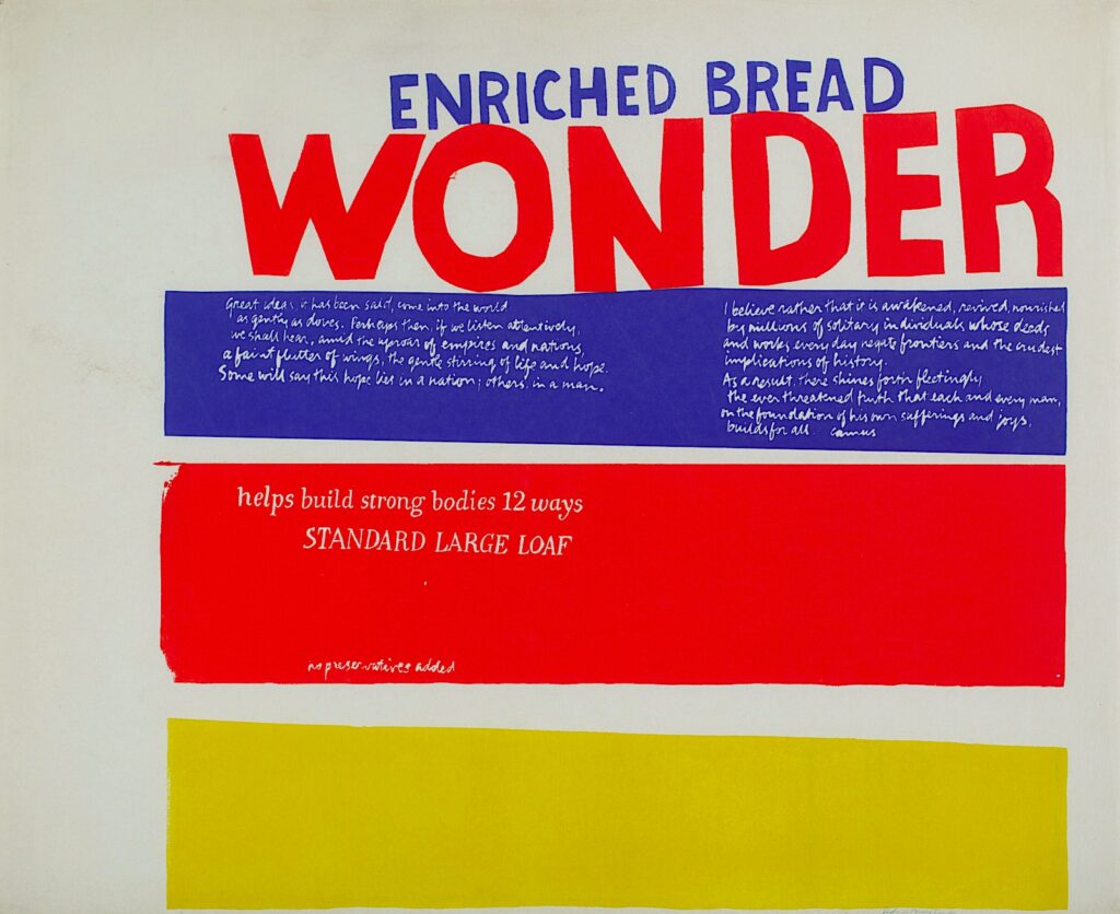 An advertisement for Wonder Bread. The title reads Enriched Bread Wonder, there are three stripes in blue, red, and yellow below emulating a sandwich. 