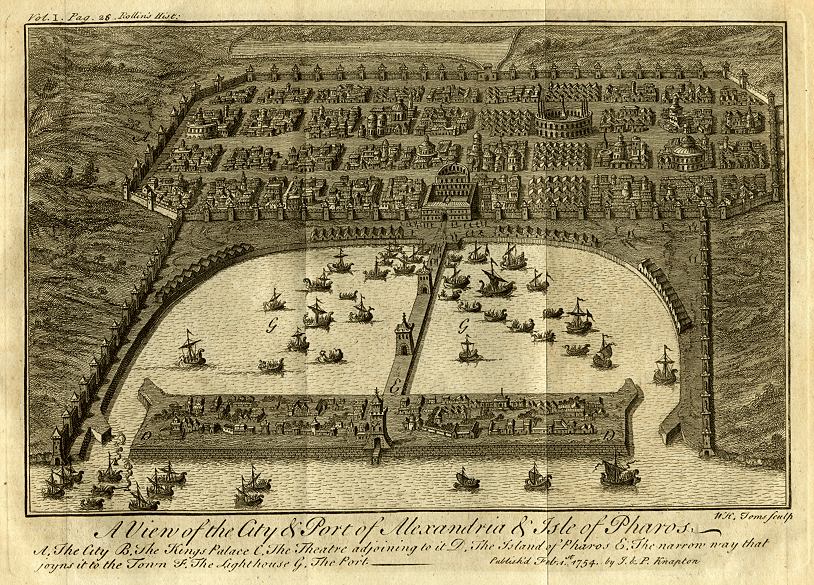 A plan view drawing of the city of Alexandria. It features a half moon harbor with boats. 