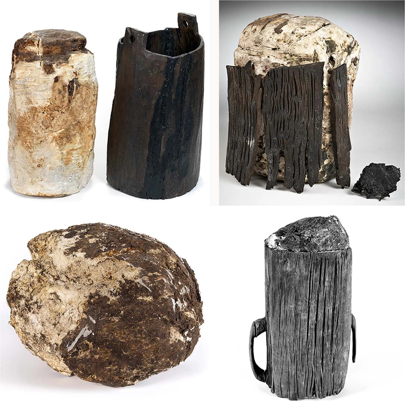 Four images of bog butter - white hunks covered with varying levels of mossy flora, encased in wooden bucket-like contraptions.