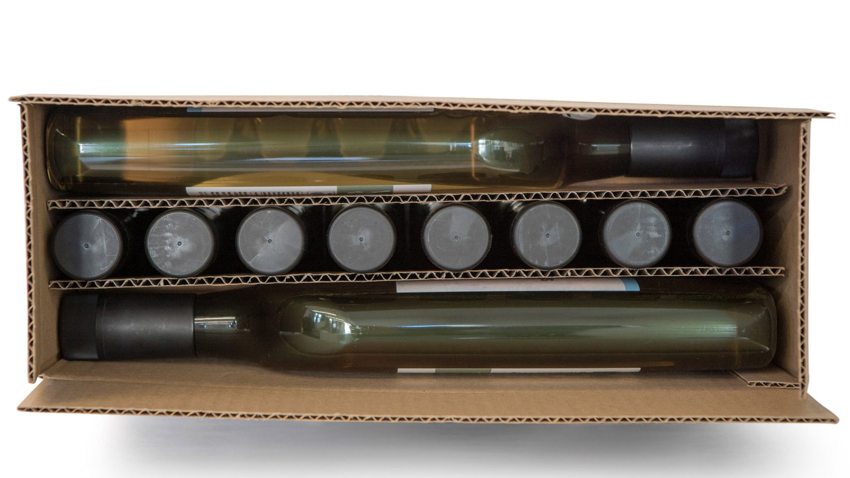 A box shows several flat green bottles of wine packaged.