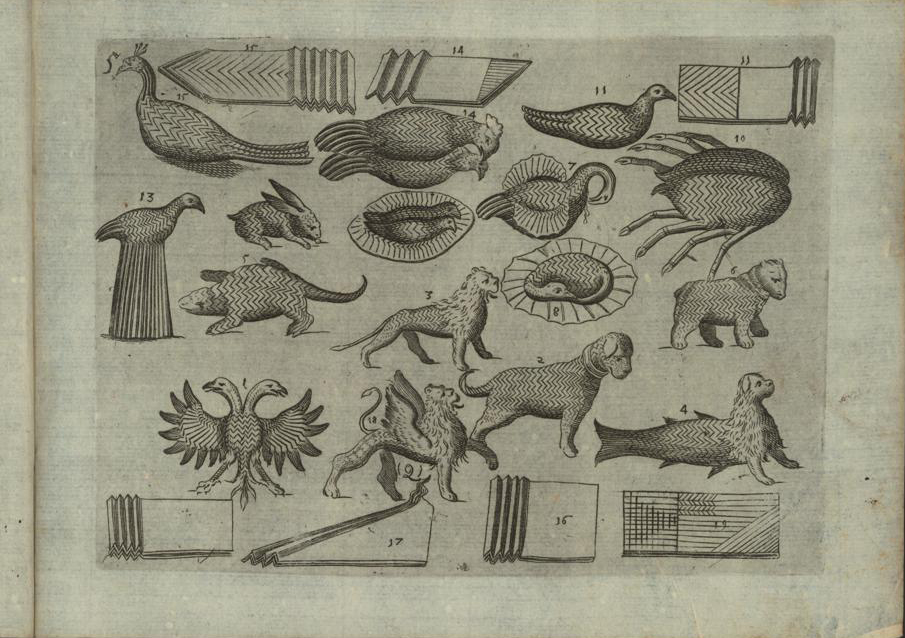 A pencil drawn diagram of various animals including geese, dogs, dragons, and more birds that might be formed out of a napkin.