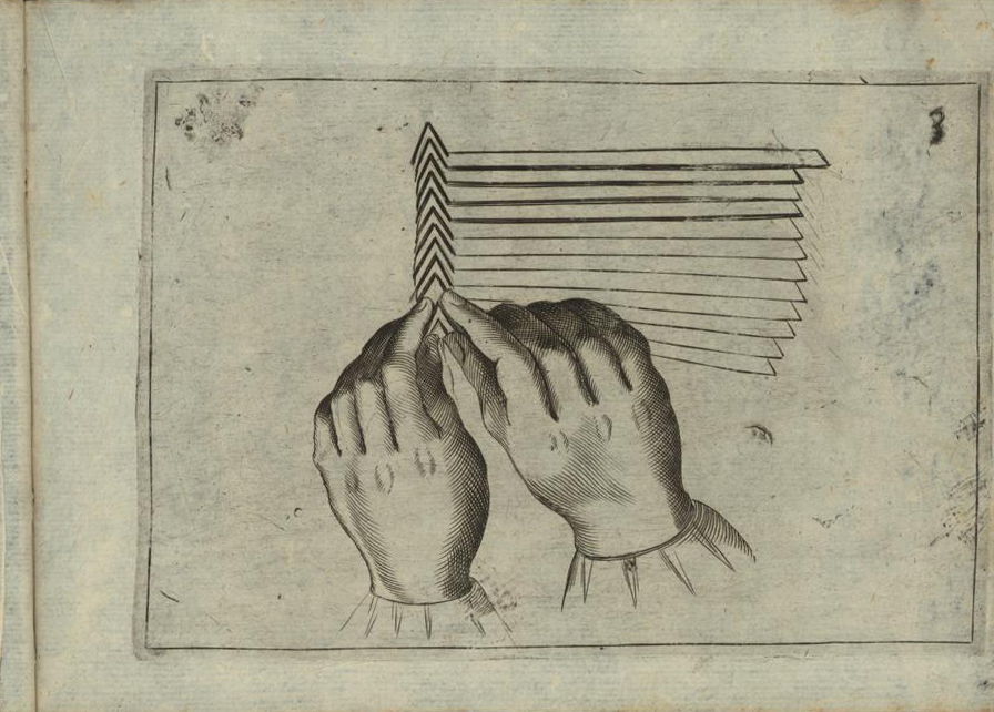A pencil drawing shows two hands meticulously folding a napkin sheet into pleated folds. 