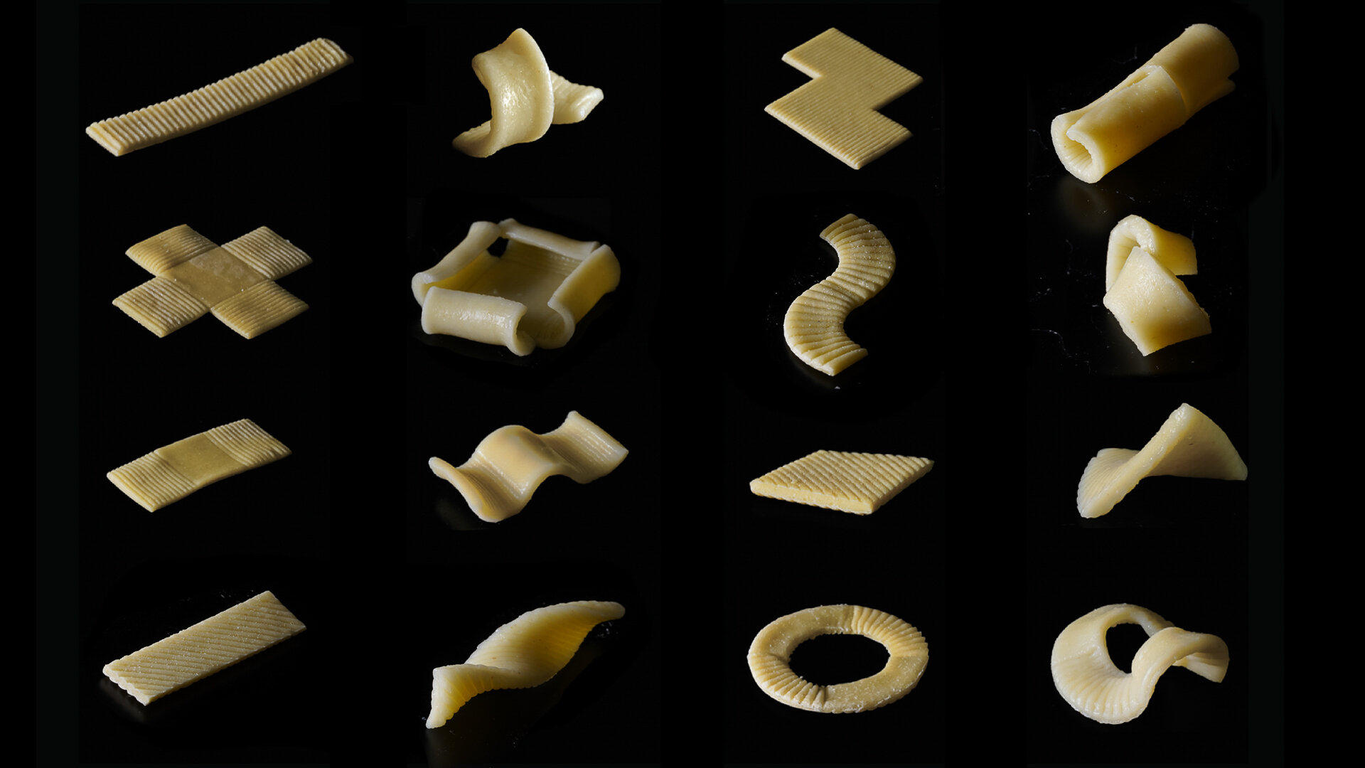 A photographic diagram showing different shapes of dried pasta next to their cooked form.