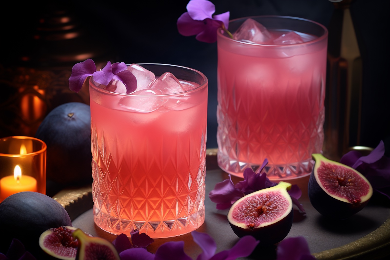 two classes with filled with pink mixed drink. Figs and flowers are scattered around the drinkware.