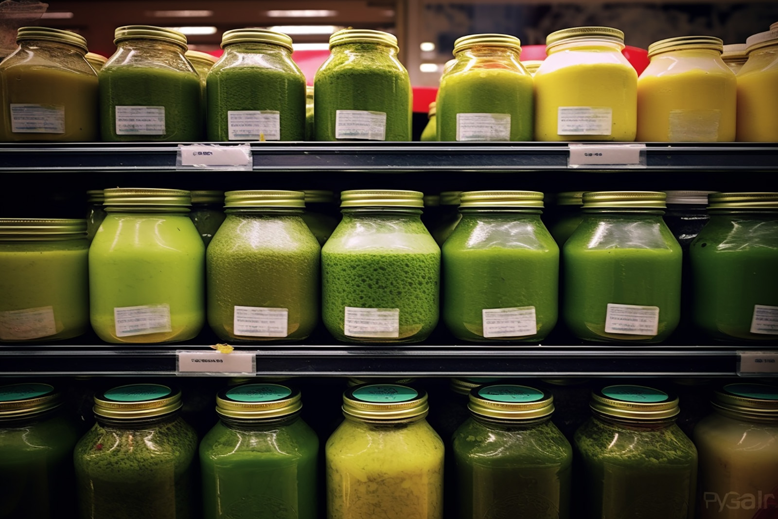 rows of mason jars filled with green smoothies