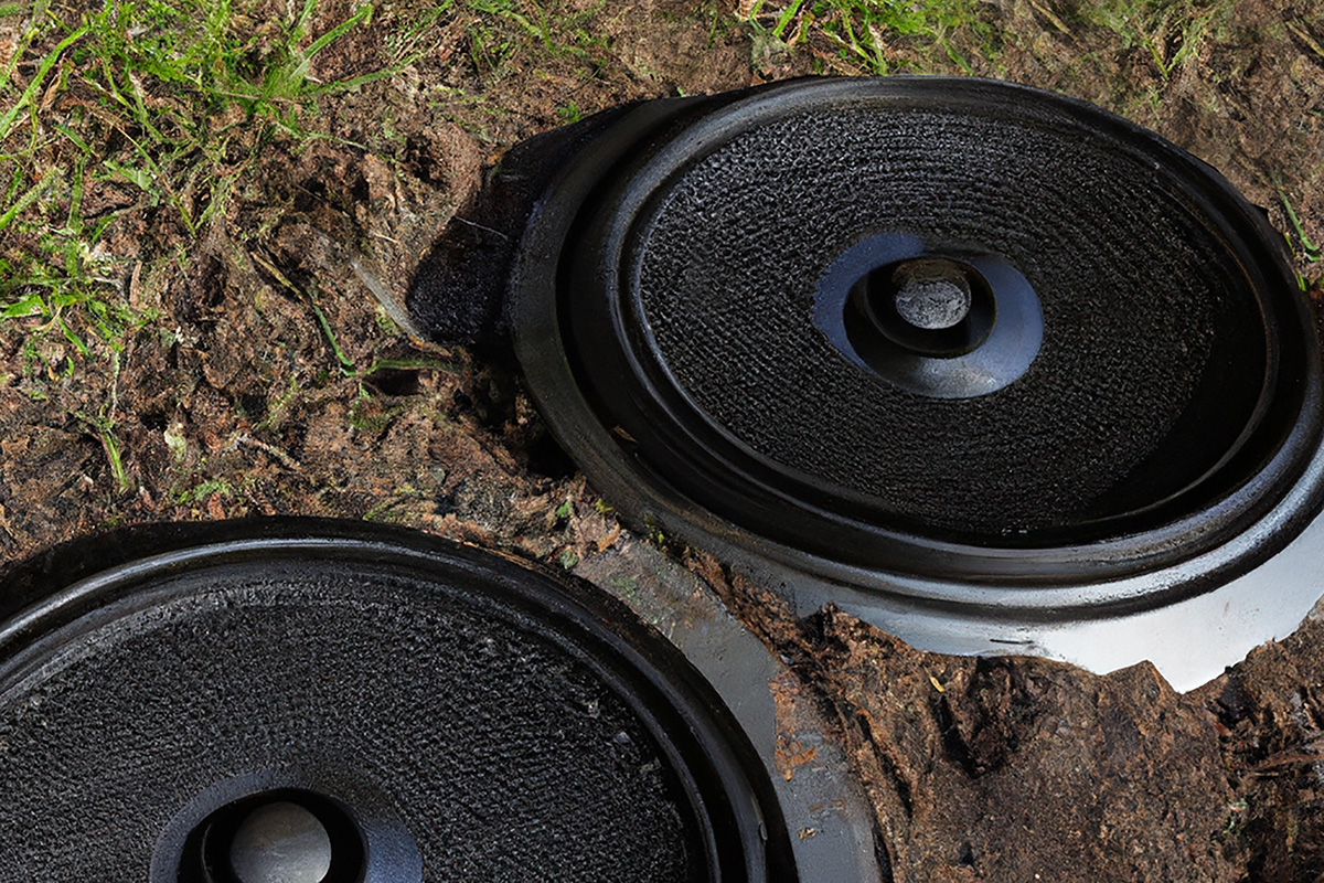 Two speakers embedded in the ground.