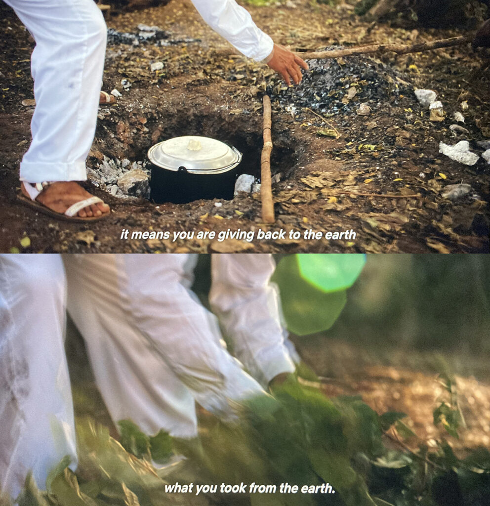 A person cooking pib, with captions reading "It means you are giving back to the earth, what you took from the earth"