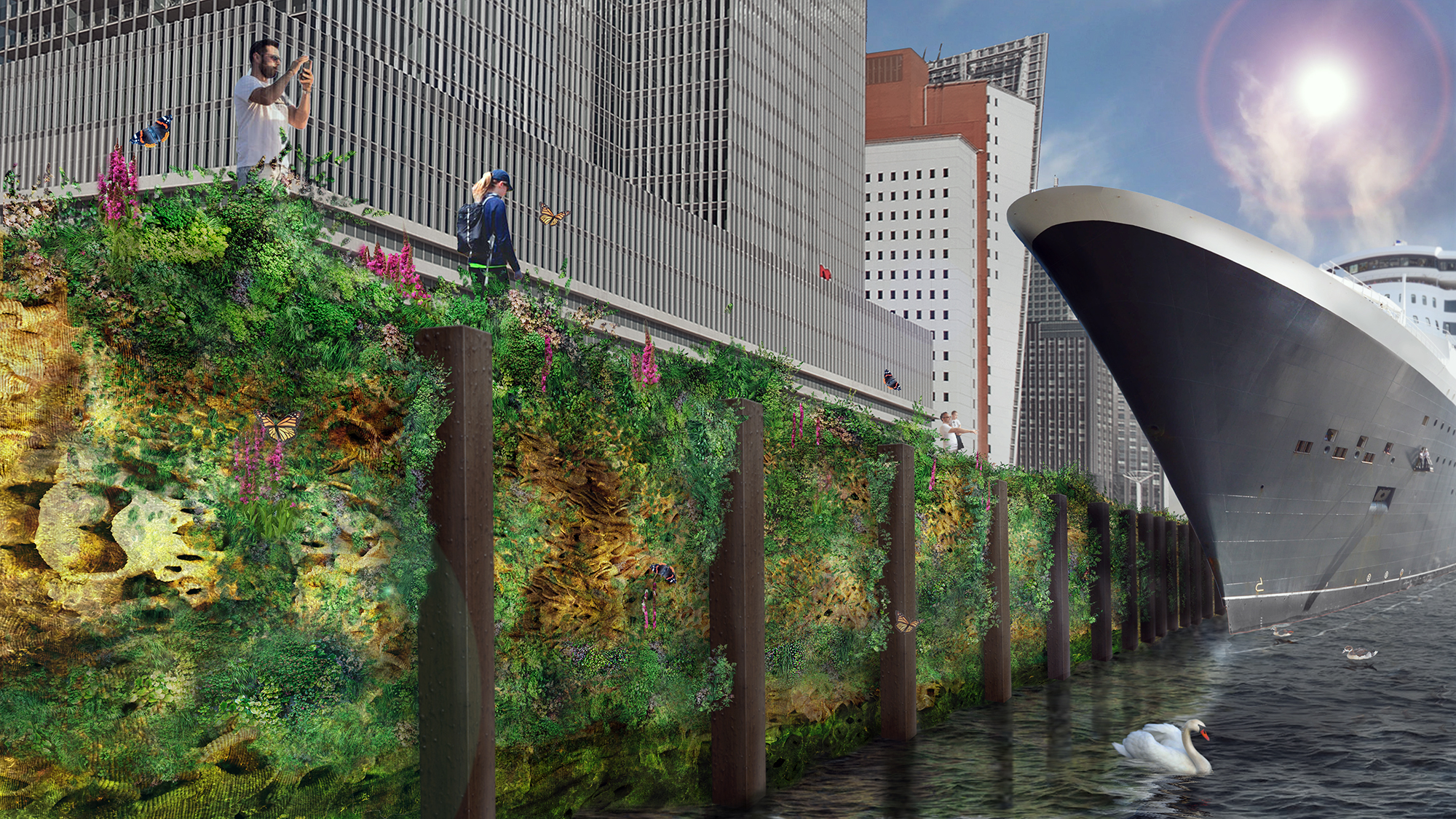 A rendering of a port covered in algae sculptures, a cruise ship is nearby.