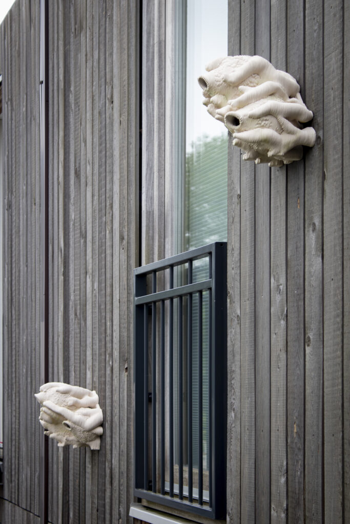 Two ceramic coral structures affixed to the exterior of a wood-paneled building.