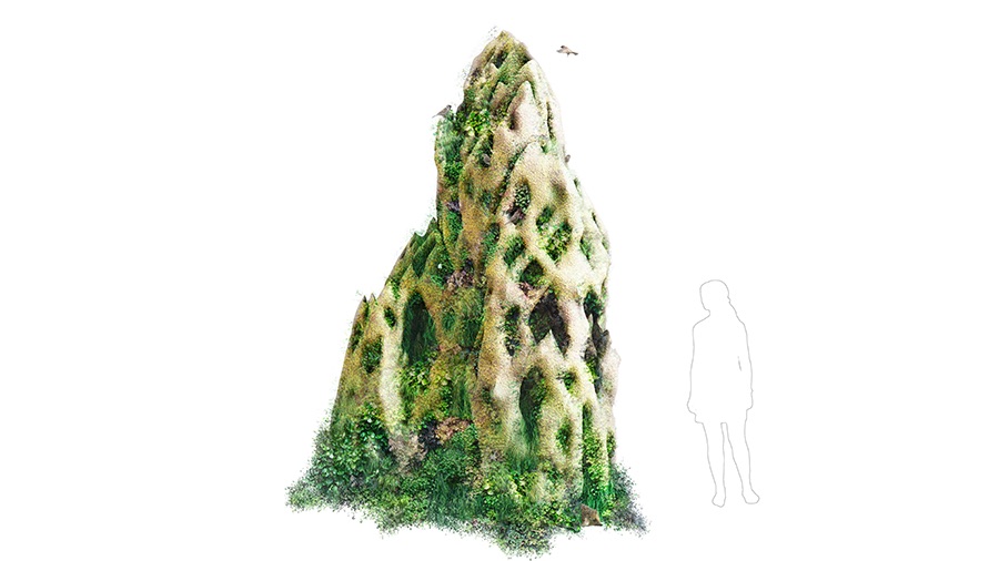 A rendering of a coral sculpture with greenery poking out from the crevices.