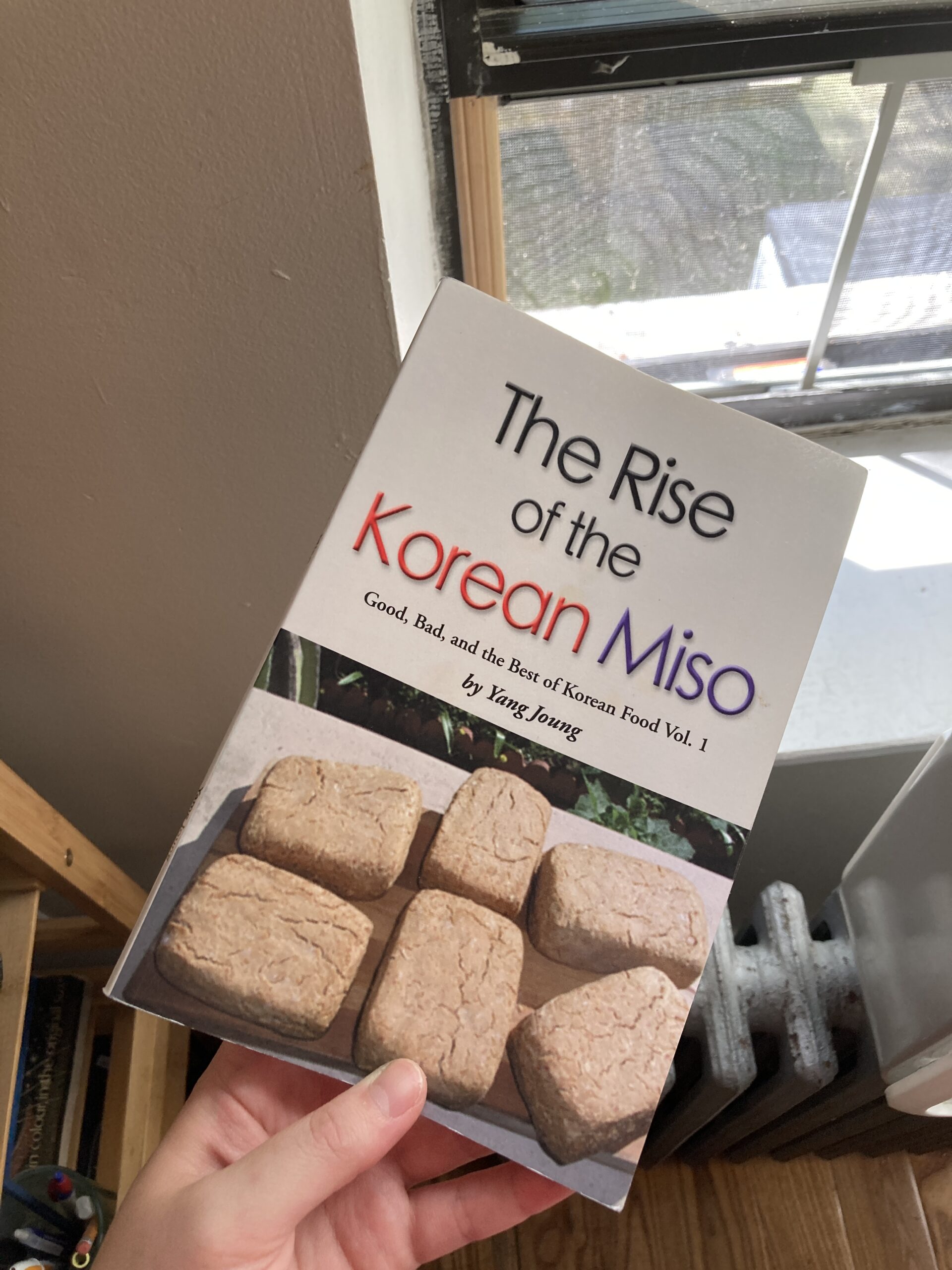 A hand holds a book titled The Rise of the Korean Miso by a windowsill. 