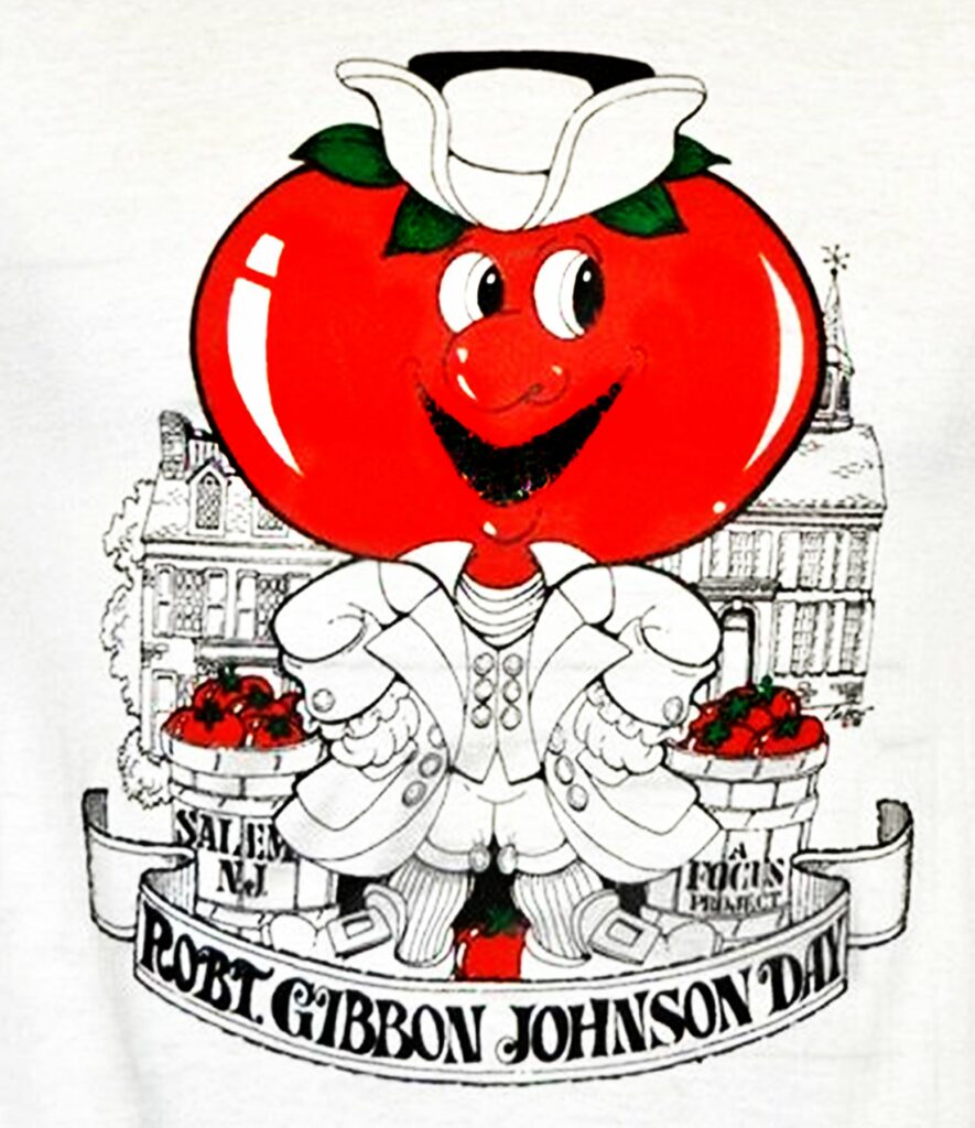 A cartoon of a tomato smiling with a cowboy hat on. An illustrated banner says that it is Robert Gibbon Johnson Day. 