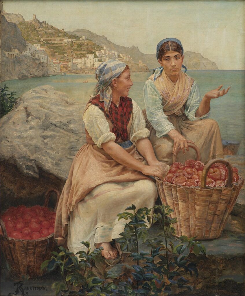 A painting of two women in long dresses, one with a scarf tied around her head picking through baskets of tomatoes by the shore. 