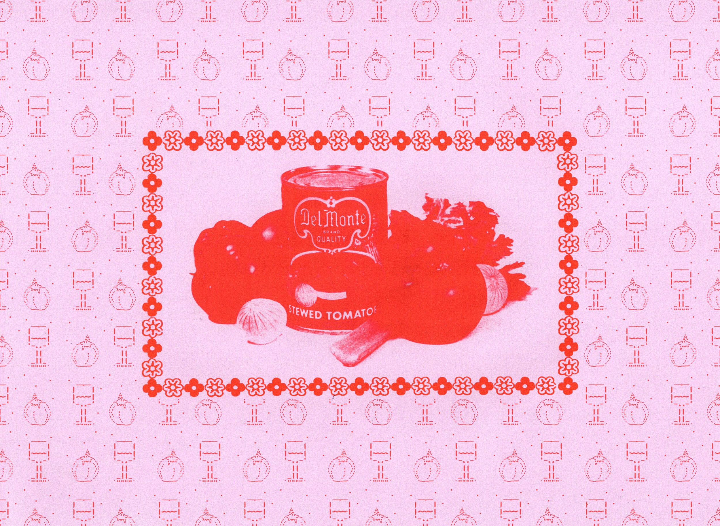 A pink background with a red monochrome illustration of Tomato sauce.