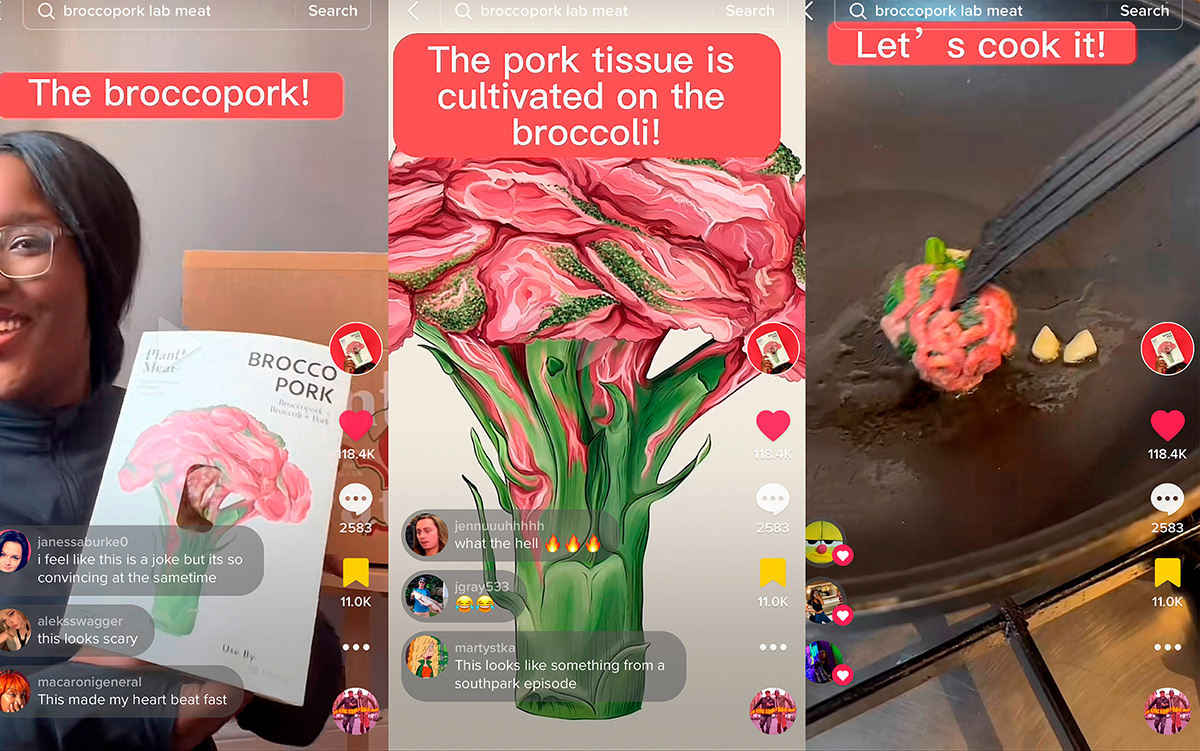 3 Screenshots from the app TikTok, showing videos of a woman preparing the fictional meat product, 