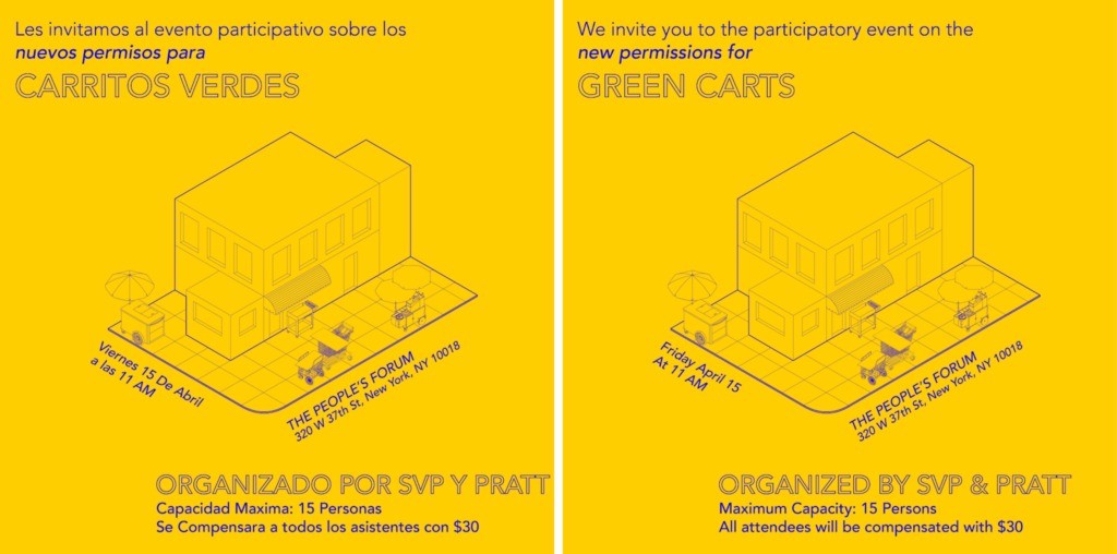 Two yellow fliers, one in spanish one in english inviting people to community engagement meetings around green carts at the people's forum.