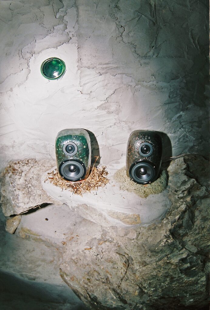 Two speakers sit in a bed of mycelium.