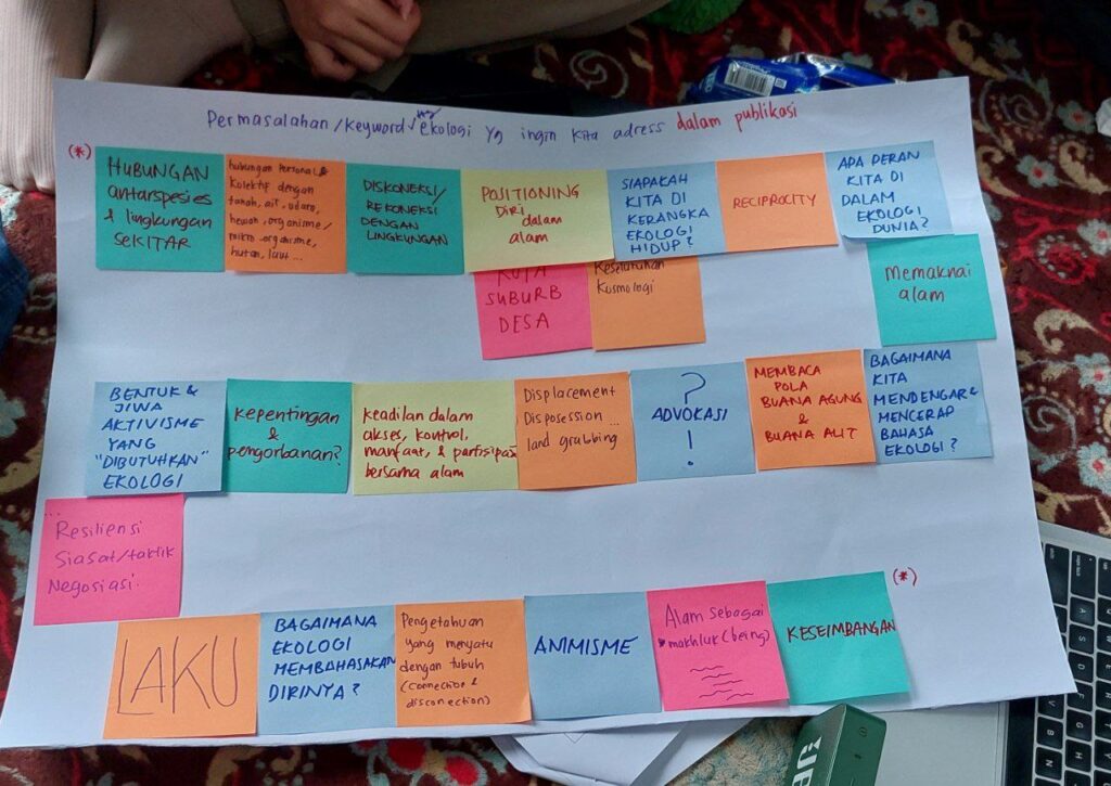 A series of colorful post it notes noting game inflection points and understandings of ecology on a paper.