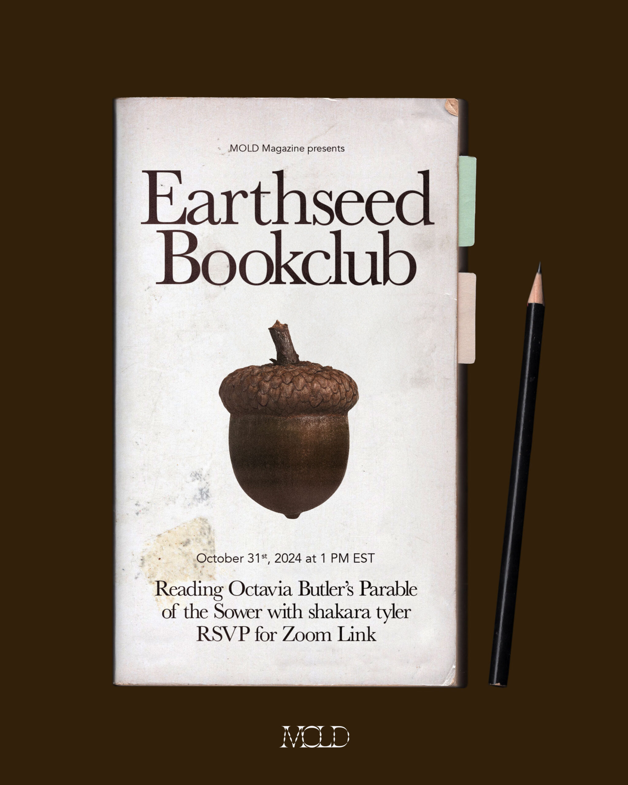 An image showing a book with post it notes poking out of the side. There is an illustration of an acorn with a pencil to the side of the book.