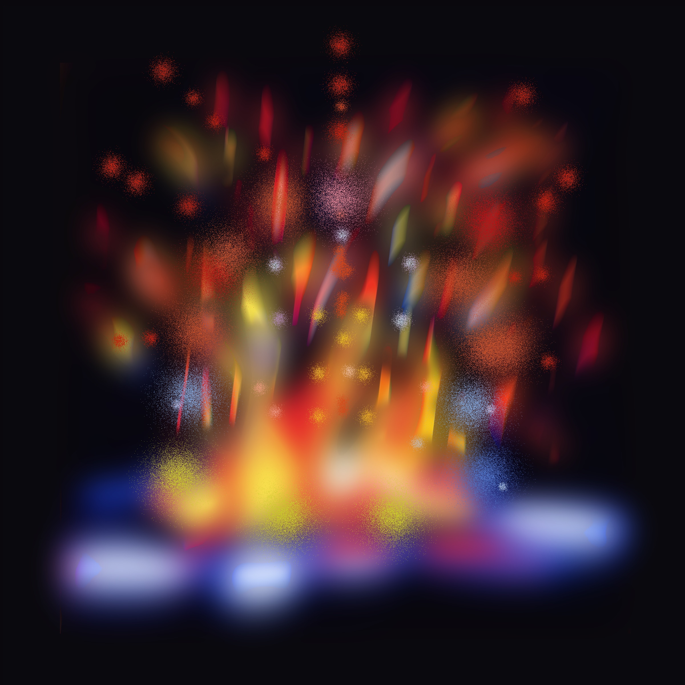 an abstract, multicolored fire of red, yellow, orange, purple sparks and burns across a black background.